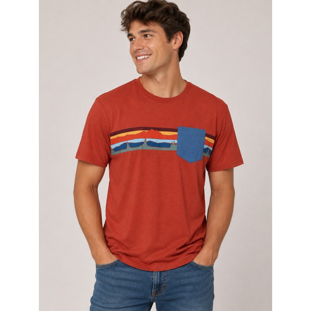 L.L.Bean Mens Graphic Pocket T Shirt Outdoor Mountain Stripe Casual Hiking Tee